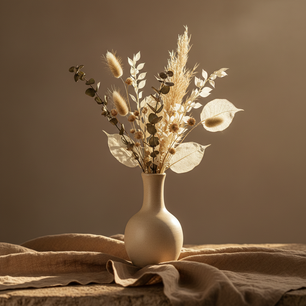 Elegant ceramic vase with dried flowers on a textured linen surface, bathed in soft sunlight.